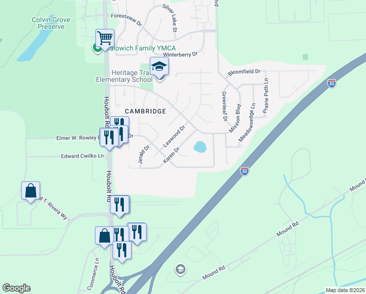map of restaurants, bars, coffee shops, grocery stores, and more near 1038 Karen Drive in Joliet