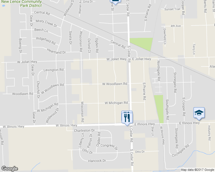 map of restaurants, bars, coffee shops, grocery stores, and more near 226 West Woodlawn Road in New Lenox
