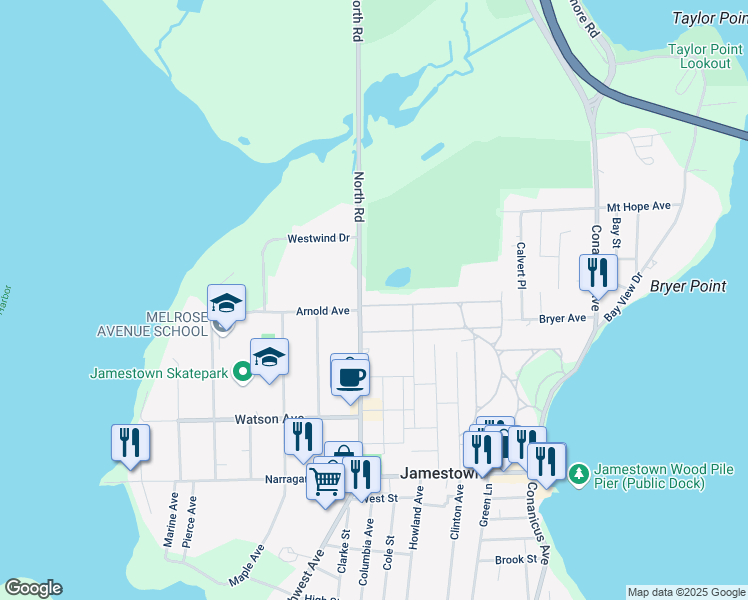 map of restaurants, bars, coffee shops, grocery stores, and more near 78 Whittier Road in Jamestown