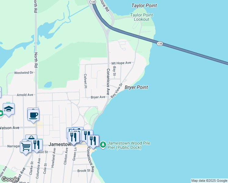map of restaurants, bars, coffee shops, grocery stores, and more near 21 Bay View Drive in Jamestown