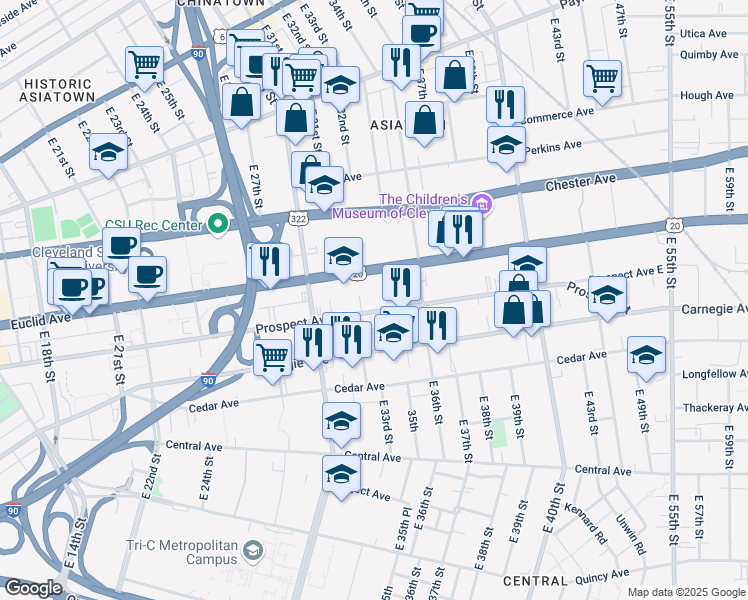map of restaurants, bars, coffee shops, grocery stores, and more near 3225 Prospect Avenue East in Cleveland