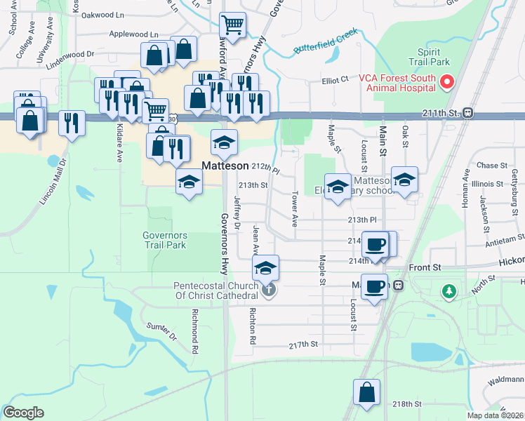 map of restaurants, bars, coffee shops, grocery stores, and more near 21320 Butterfield Parkway in Matteson