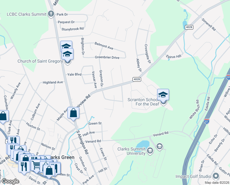 map of restaurants, bars, coffee shops, grocery stores, and more near 103 Squirrel Run in Clarks Green