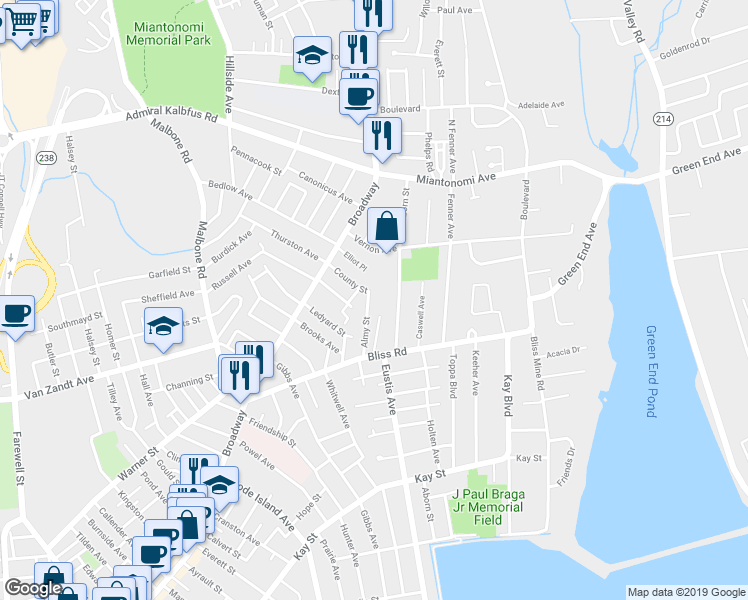 map of restaurants, bars, coffee shops, grocery stores, and more near 57 Almy Street in Newport