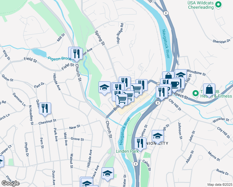 map of restaurants, bars, coffee shops, grocery stores, and more near 22 Diamond Street in Naugatuck