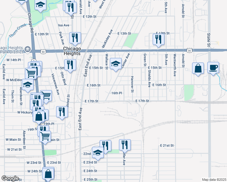 map of restaurants, bars, coffee shops, grocery stores, and more near 1613 Center Ave in Chicago Heights