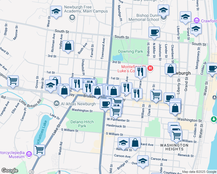 map of restaurants, bars, coffee shops, grocery stores, and more near 36 Robinson Avenue in Newburgh