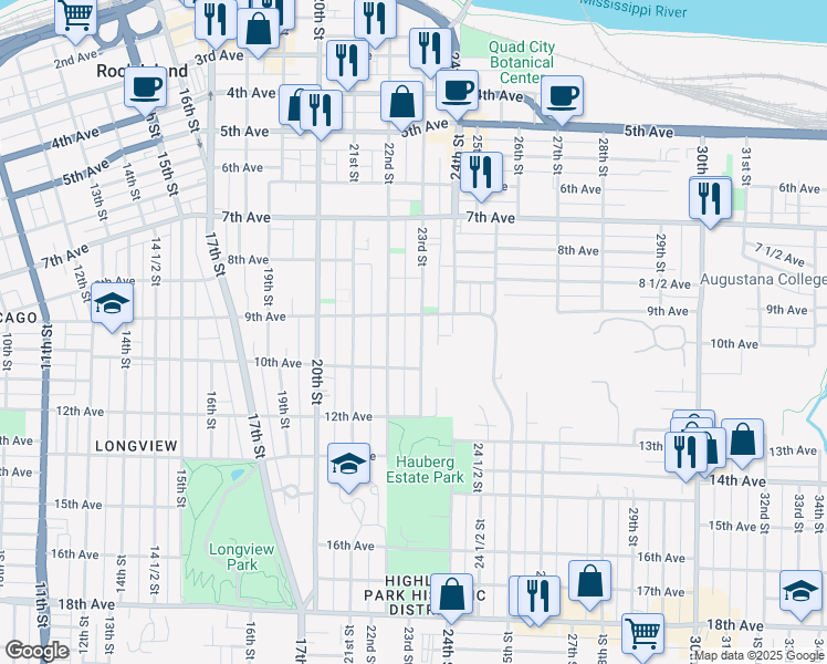 map of restaurants, bars, coffee shops, grocery stores, and more near 914 23rd Street in Rock Island