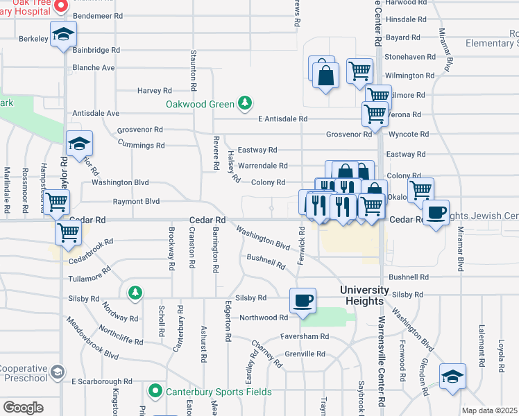 map of restaurants, bars, coffee shops, grocery stores, and more near 13777 Cedar Road in South Euclid