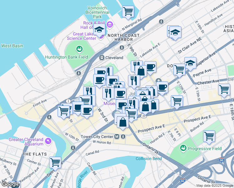 map of restaurants, bars, coffee shops, grocery stores, and more near 1 Saint Clair Avenue Northeast in Cleveland
