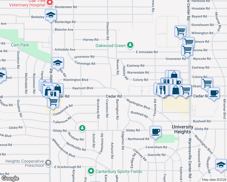 map of restaurants, bars, coffee shops, grocery stores, and more near 3686 Washington Boulevard in University Heights