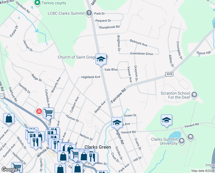 map of restaurants, bars, coffee shops, grocery stores, and more near 220 North Abington Road in Clarks Green