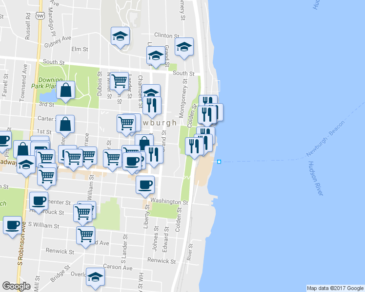 map of restaurants, bars, coffee shops, grocery stores, and more near 65 1st Street in Newburgh