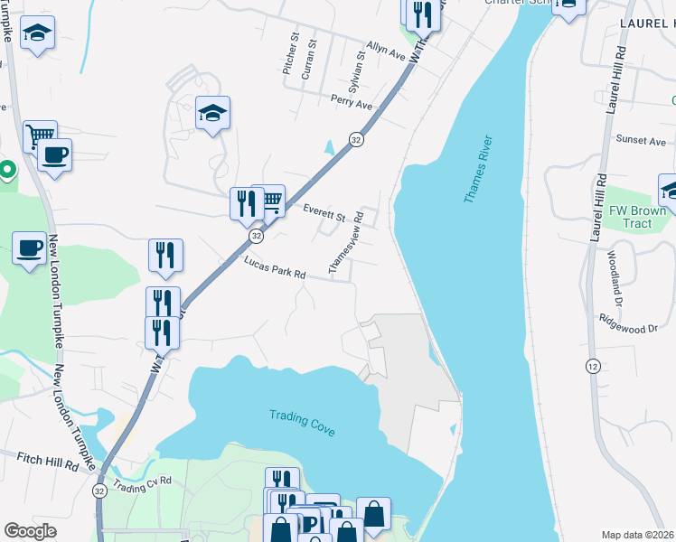 map of restaurants, bars, coffee shops, grocery stores, and more near 5 Gates Road in Norwich