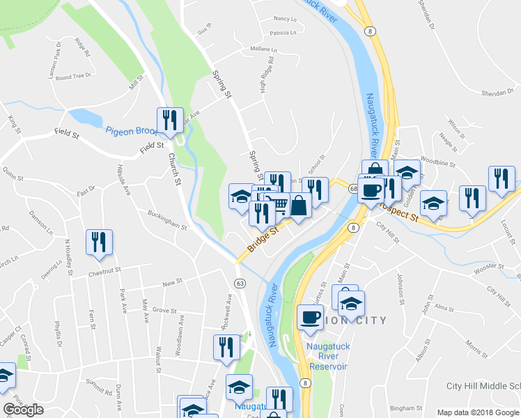 map of restaurants, bars, coffee shops, grocery stores, and more near 96 Spring Street in Naugatuck