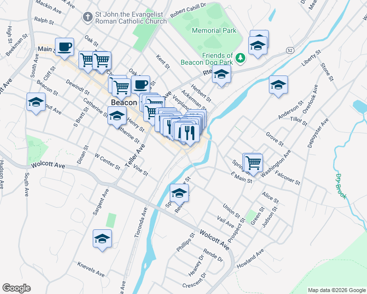 map of restaurants, bars, coffee shops, grocery stores, and more near 473 Main Street in Beacon