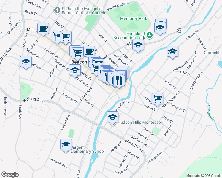 map of restaurants, bars, coffee shops, grocery stores, and more near 473 Main Street in Beacon