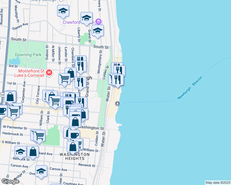 map of restaurants, bars, coffee shops, grocery stores, and more near 14 Front Street in Newburgh
