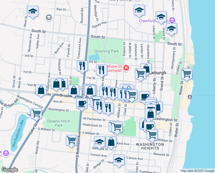 map of restaurants, bars, coffee shops, grocery stores, and more near 39 Lutheran Street in Newburgh