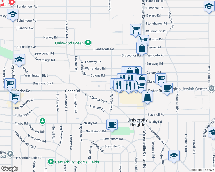 map of restaurants, bars, coffee shops, grocery stores, and more near 13829 Cedar Road in South Euclid