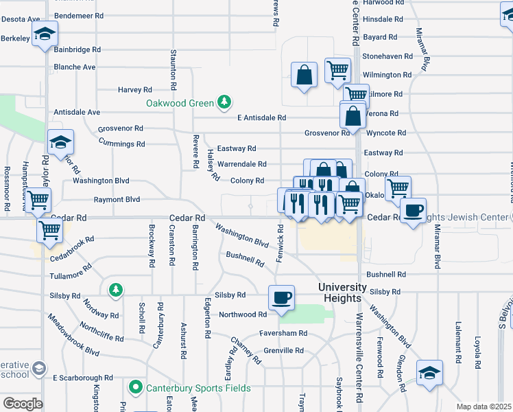 map of restaurants, bars, coffee shops, grocery stores, and more near 13805 Cedar Road in South Euclid