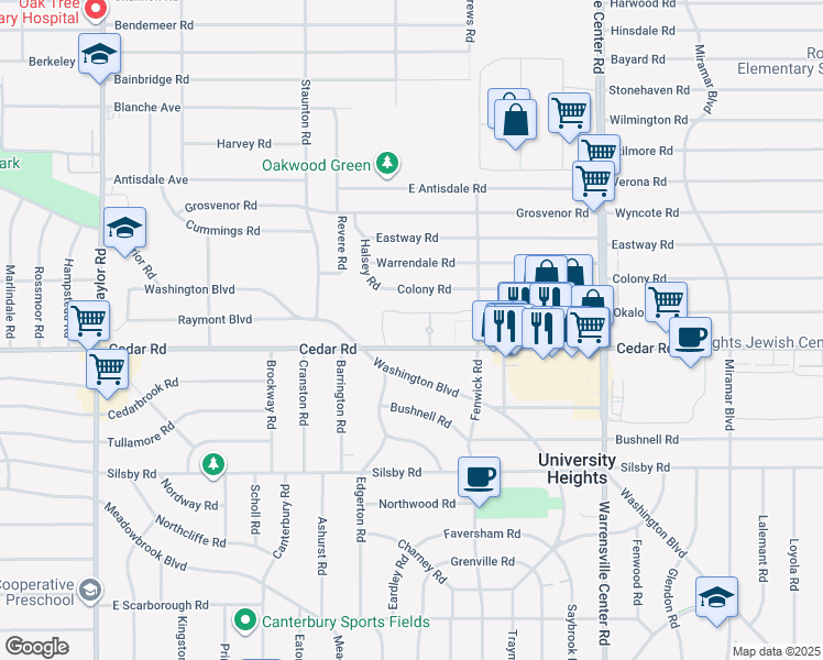 map of restaurants, bars, coffee shops, grocery stores, and more near 13777 Cedar Road in South Euclid