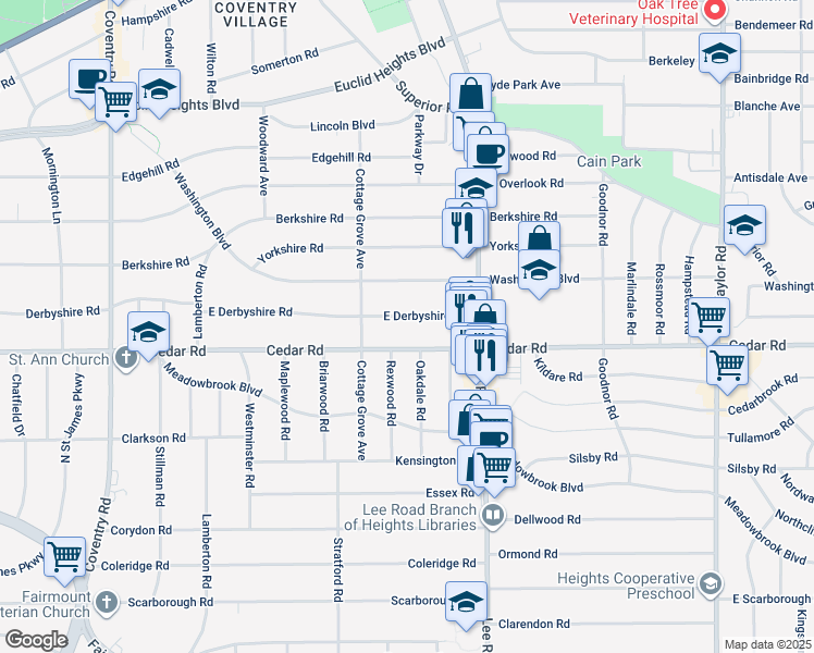 map of restaurants, bars, coffee shops, grocery stores, and more near 3118 East Derbyshire Road in Cleveland Heights