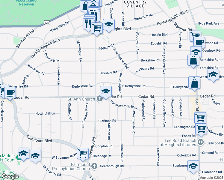 map of restaurants, bars, coffee shops, grocery stores, and more near 2113 Stillman Road in Cleveland Heights
