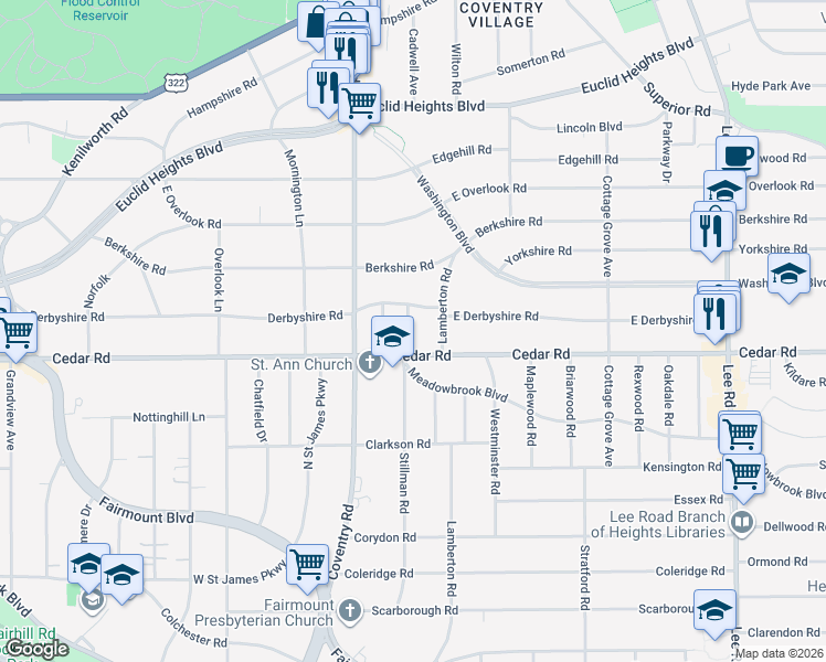map of restaurants, bars, coffee shops, grocery stores, and more near 2113 Stillman Road in Cleveland Heights