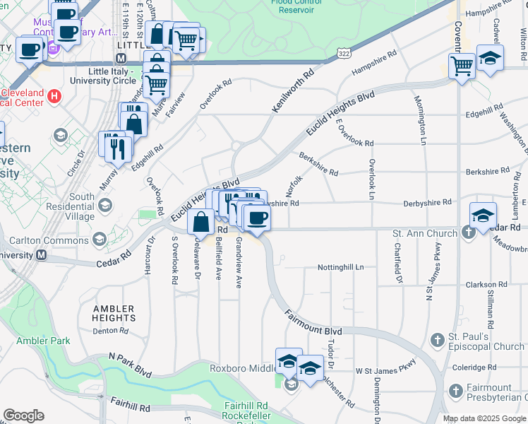 map of restaurants, bars, coffee shops, grocery stores, and more near 2450 Derbyshire Road in Cleveland Heights