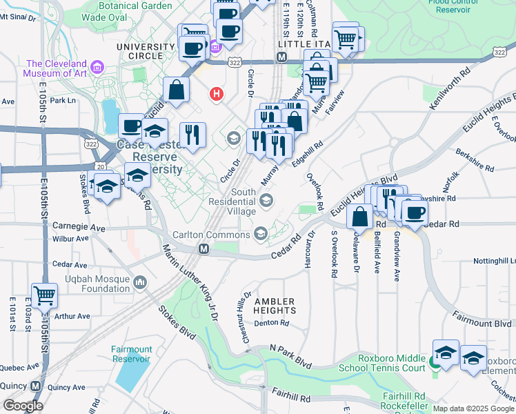 map of restaurants, bars, coffee shops, grocery stores, and more near 2265 Murray Hill Road in Cleveland