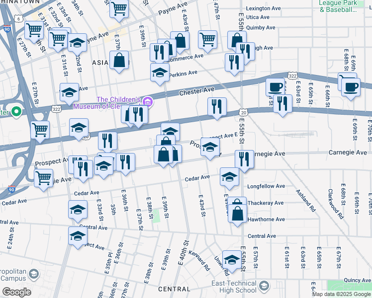 map of restaurants, bars, coffee shops, grocery stores, and more near 4200 Prospect Avenue East in Cleveland