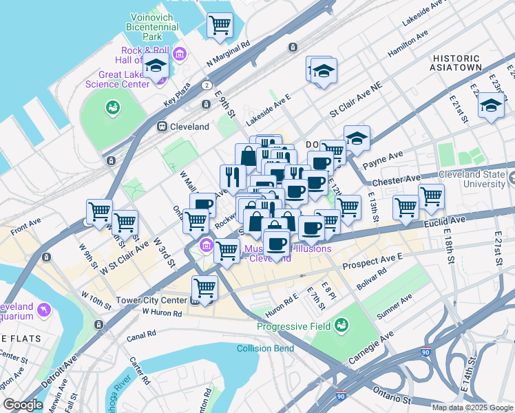 map of restaurants, bars, coffee shops, grocery stores, and more near 1455 East 6th Street in Cleveland