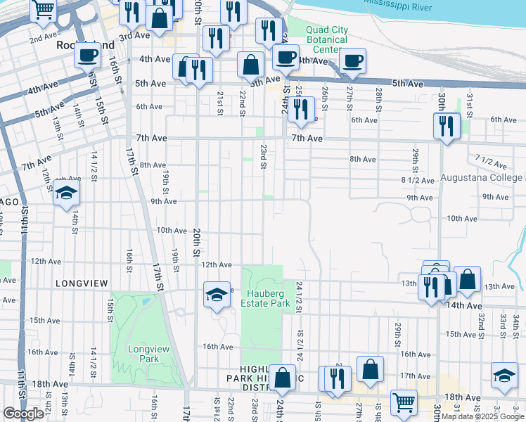 map of restaurants, bars, coffee shops, grocery stores, and more near 914 23rd Street in Rock Island