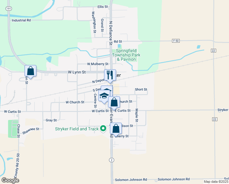 map of restaurants, bars, coffee shops, grocery stores, and more near 305 South Defiance Street in Stryker