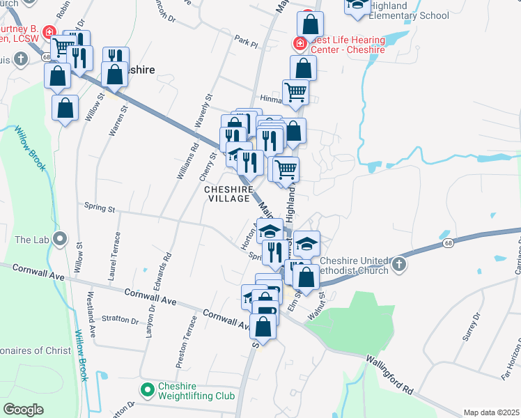map of restaurants, bars, coffee shops, grocery stores, and more near 105 Main Street in Cheshire
