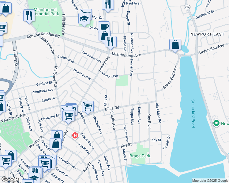 map of restaurants, bars, coffee shops, grocery stores, and more near 24 Freeborn Street in Newport