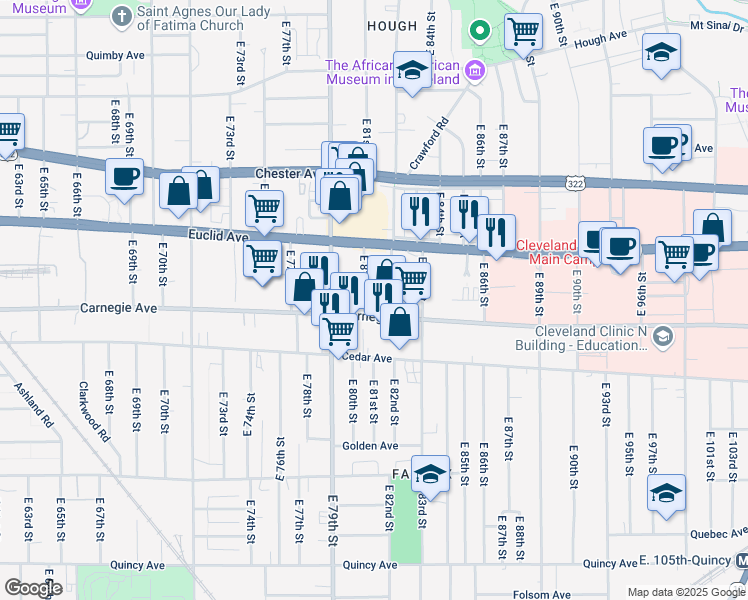 map of restaurants, bars, coffee shops, grocery stores, and more near 2061 East 81st Street in Cleveland