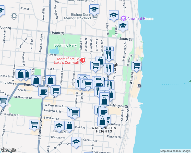 map of restaurants, bars, coffee shops, grocery stores, and more near 46 Lander Street in Newburgh