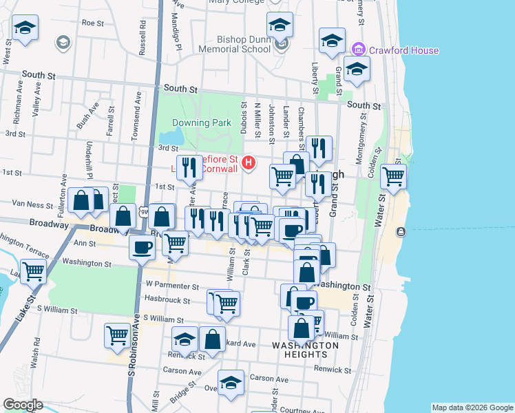 map of restaurants, bars, coffee shops, grocery stores, and more near 46 South Miller Street in Newburgh