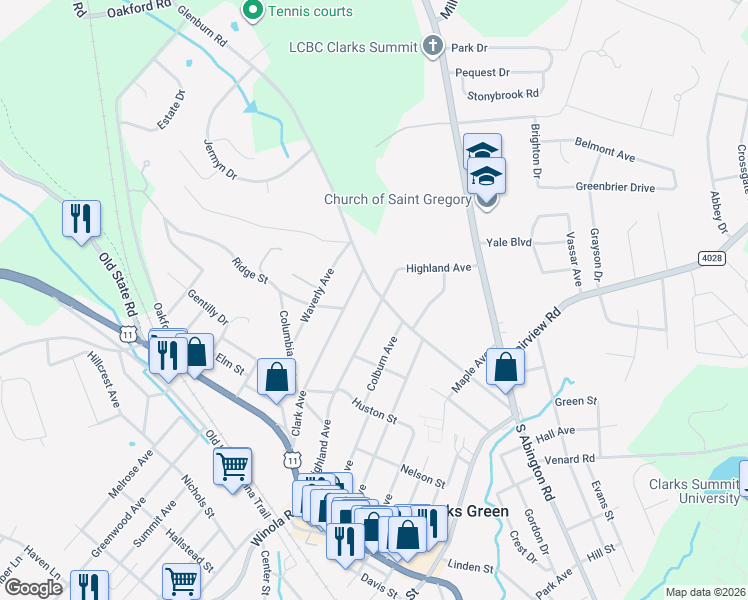 map of restaurants, bars, coffee shops, grocery stores, and more near 525 Highland Avenue in Clarks Summit