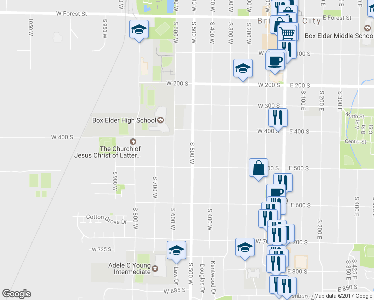 map of restaurants, bars, coffee shops, grocery stores, and more near 454 South 500 West in Brigham City