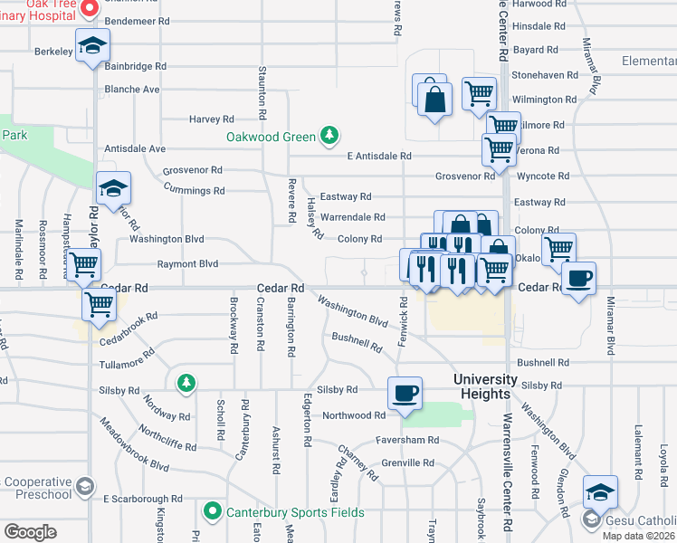 map of restaurants, bars, coffee shops, grocery stores, and more near 13777 Cedar Road in South Euclid