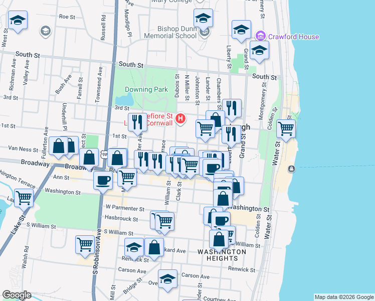 map of restaurants, bars, coffee shops, grocery stores, and more near 46 South Miller Street in Newburgh