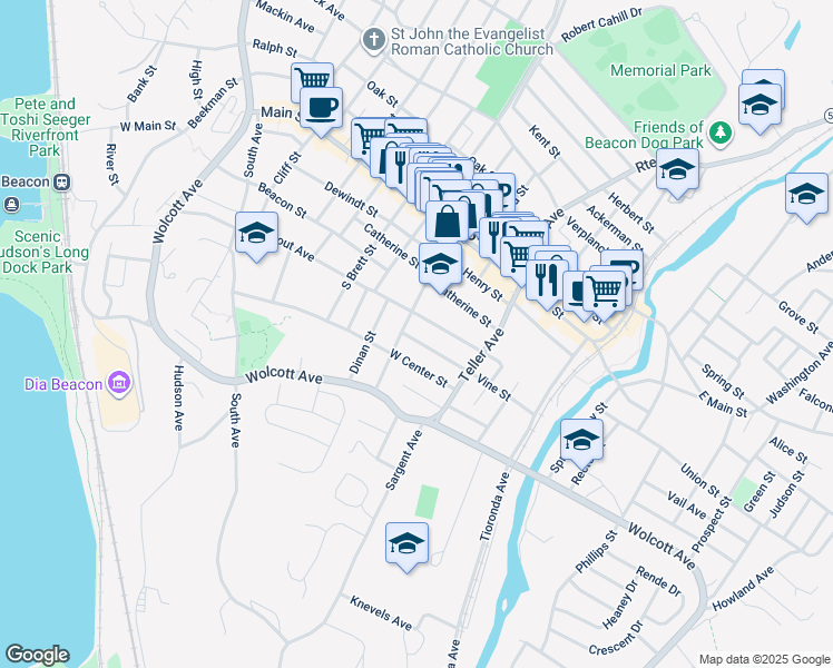map of restaurants, bars, coffee shops, grocery stores, and more near 10 Vine Street in Beacon
