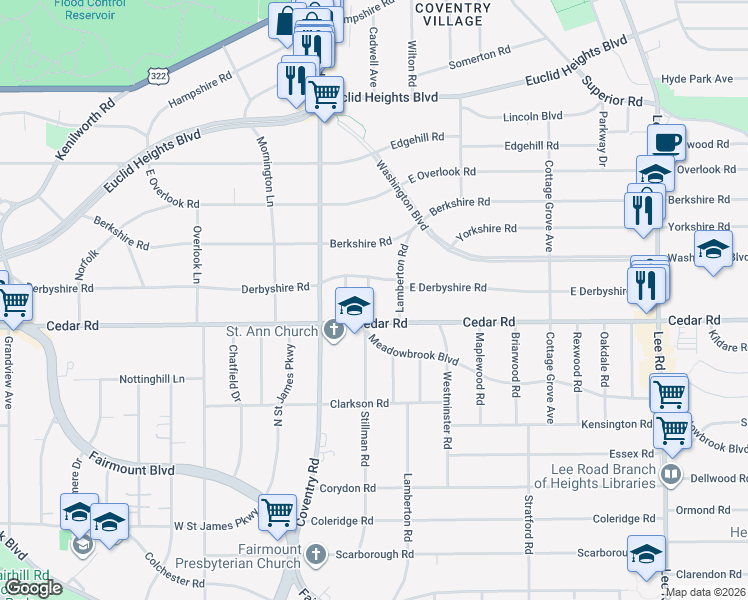 map of restaurants, bars, coffee shops, grocery stores, and more near 2113 Stillman Road in Cleveland Heights