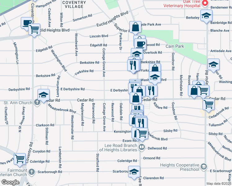 map of restaurants, bars, coffee shops, grocery stores, and more near 3118 East Derbyshire Road in Cleveland Heights