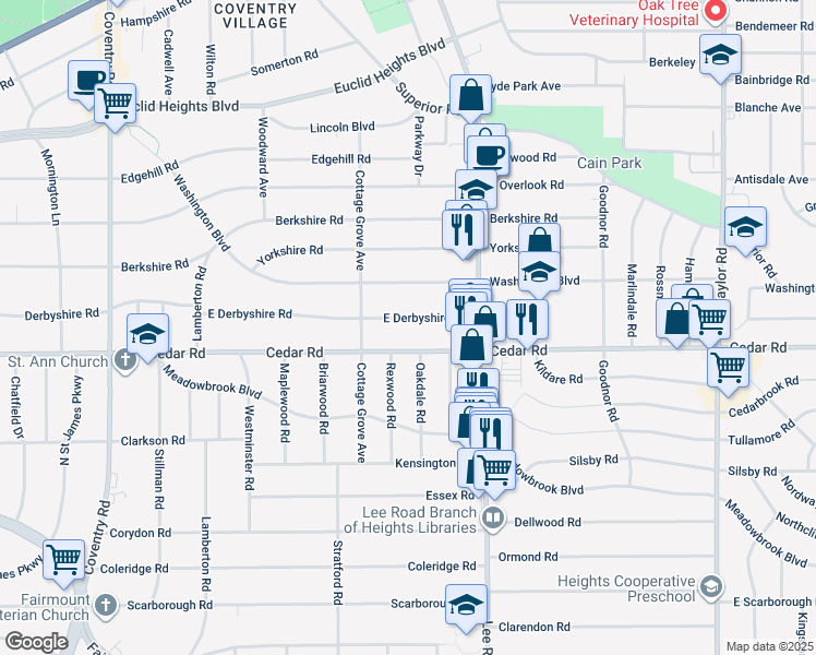 map of restaurants, bars, coffee shops, grocery stores, and more near 3118 East Derbyshire Road in Cleveland Heights