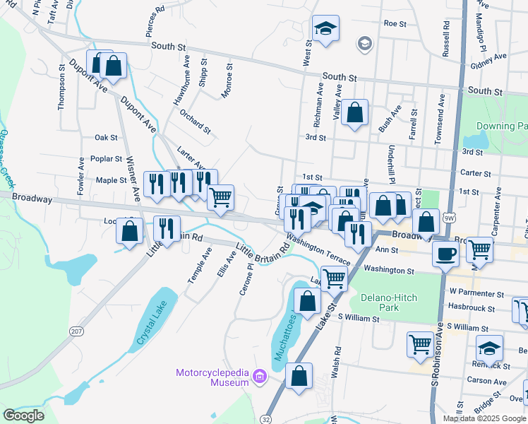 map of restaurants, bars, coffee shops, grocery stores, and more near 524 Broadway in Newburgh
