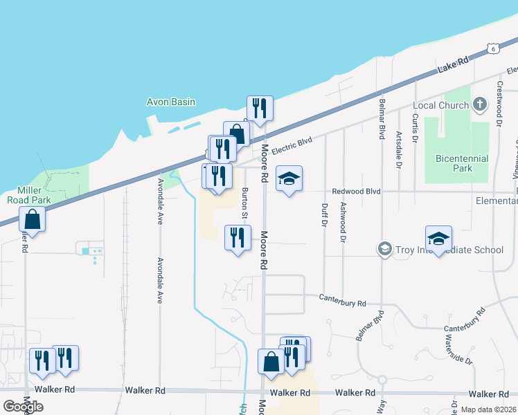 map of restaurants, bars, coffee shops, grocery stores, and more near 162 Moore Road in Avon Lake